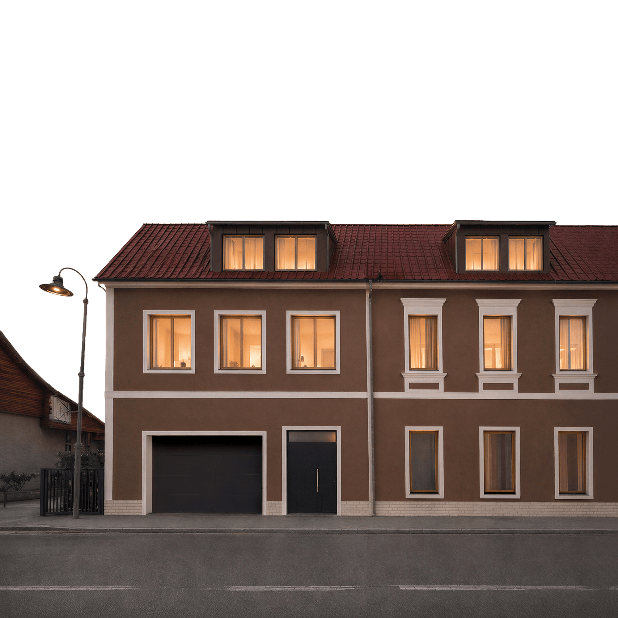 Straßenfassade der Residenz Augasse mit Dach und Eingangsbereich