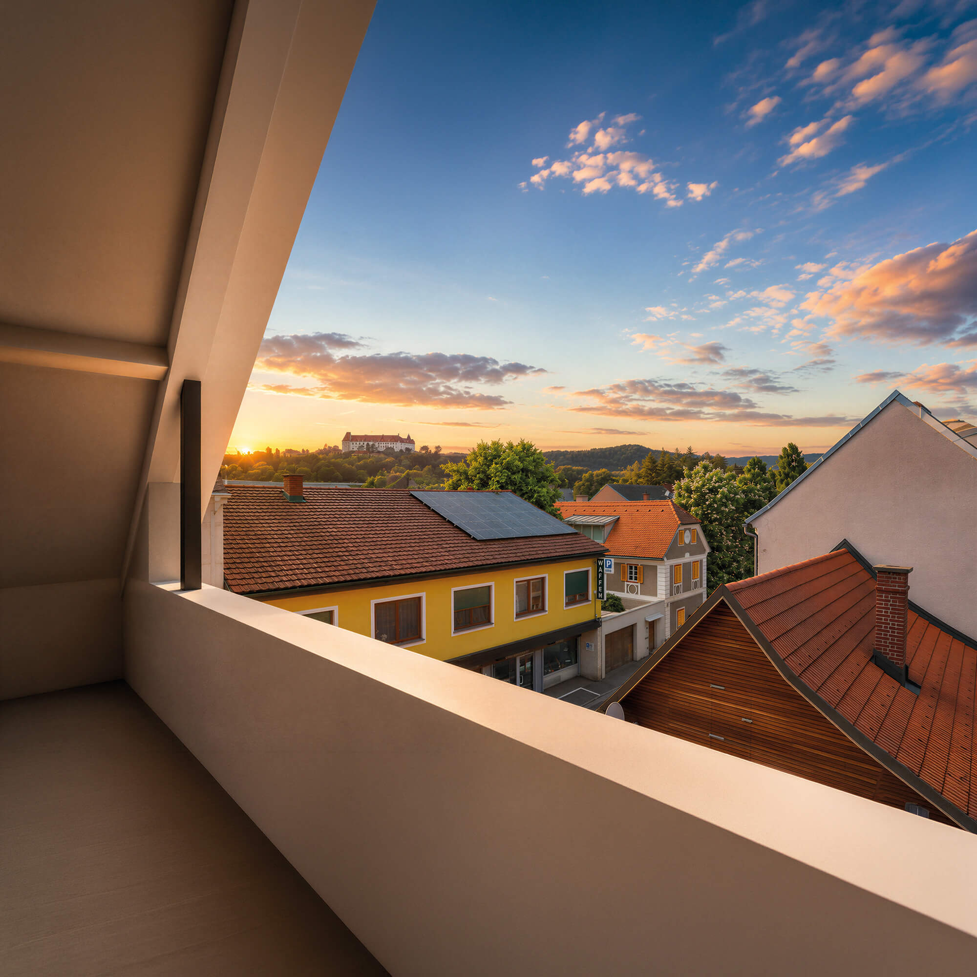 Terrasse im Abendlicht mit Blick über Leibnitz auf Schloss Seggau