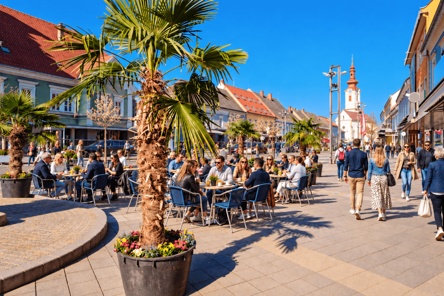 Belebte Café-Promenade mit Kirchturm als Symbolbild für Stadtleben